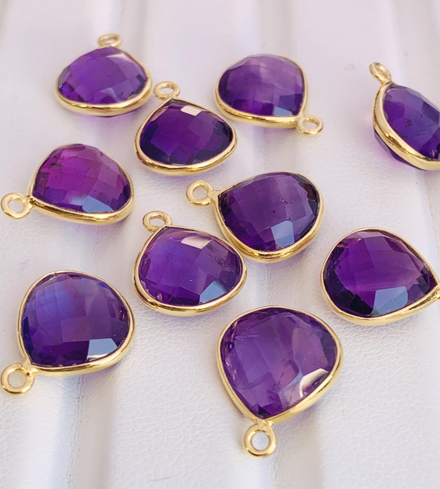 10x10mm Amethyst Silver & Gold Bezel Connectors ~ Heart Shape Charms ~ Link Components for Earrings, Bracelets, Jewelry Making supplies - BeadsBoatInc