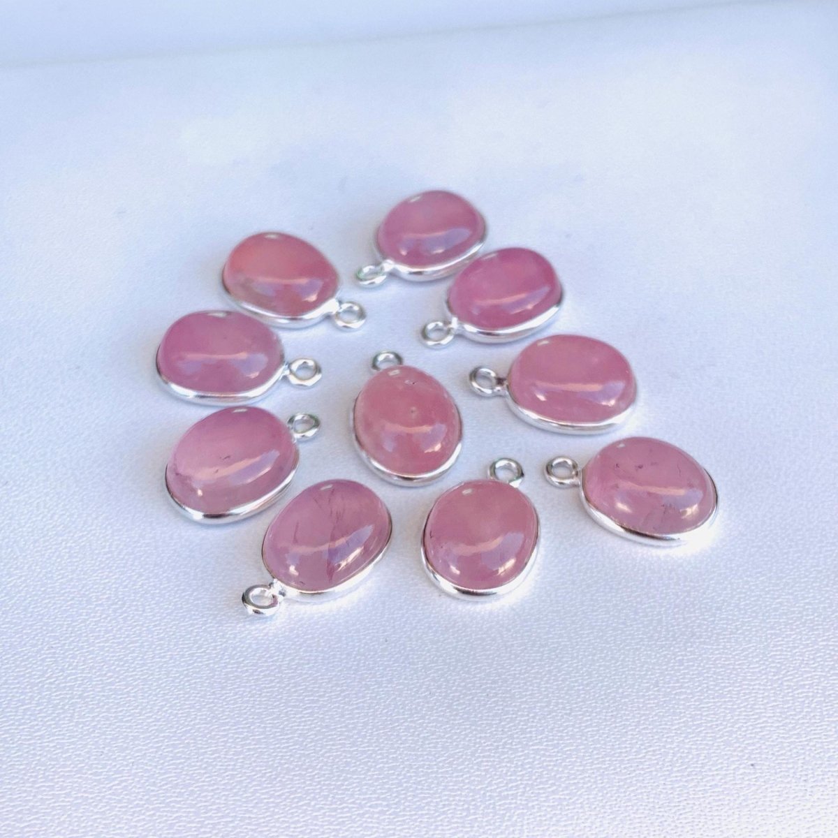 10x8 mm / 8x6mm Rose Quart Silver & Gold Bezel Connectors ~ Oval Birthstone Charms ~ Link Components for Earrings, Bracelets, Jewelry Making - BeadsBoatInc