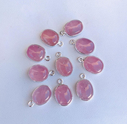 10x8 mm / 8x6mm Rose Quart Silver & Gold Bezel Connectors ~ Oval Birthstone Charms ~ Link Components for Earrings, Bracelets, Jewelry Making - BeadsBoatInc