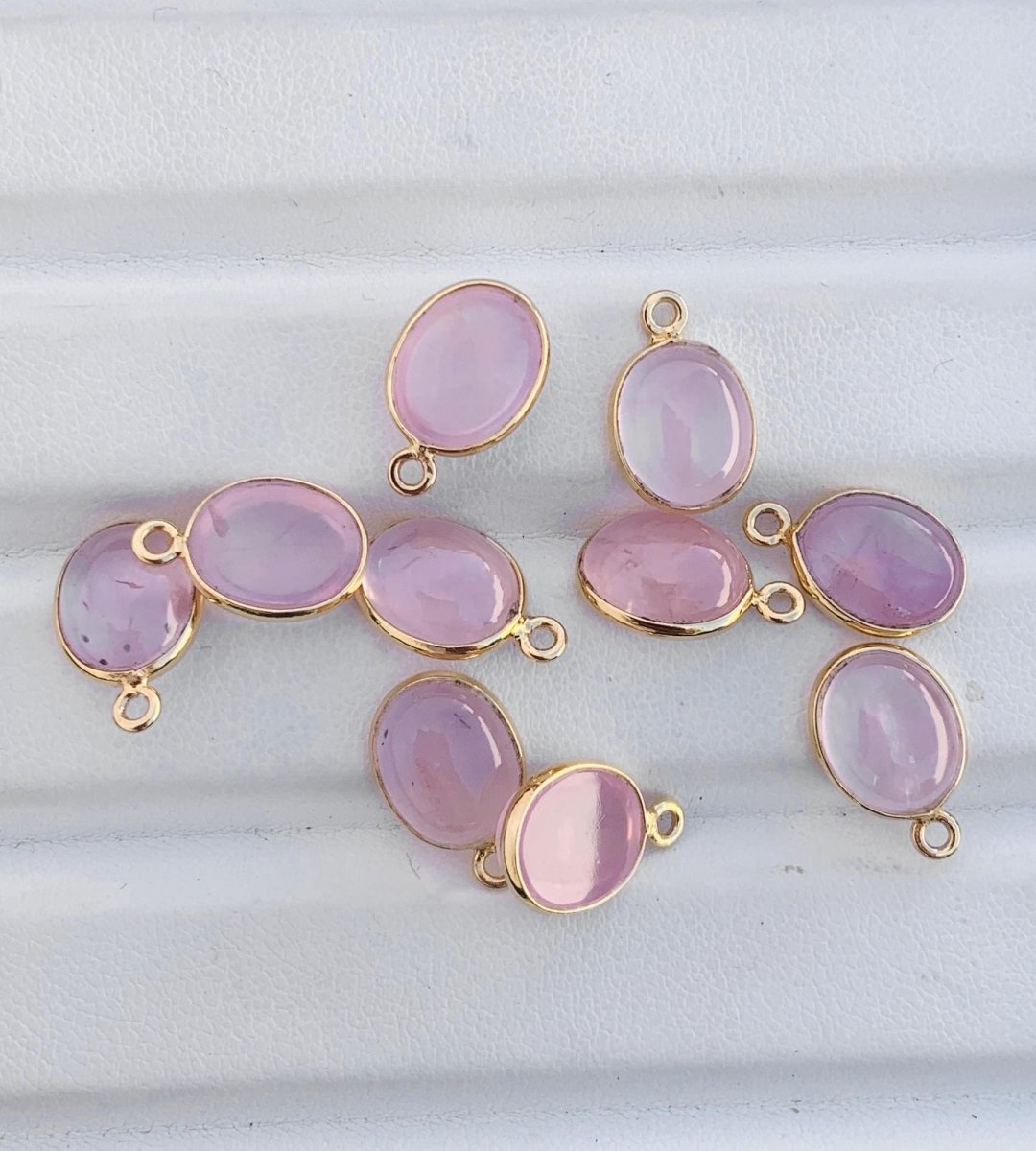 10x8 mm / 8x6mm Rose Quart Silver & Gold Bezel Connectors ~ Oval Birthstone Charms ~ Link Components for Earrings, Bracelets, Jewelry Making - BeadsBoatInc