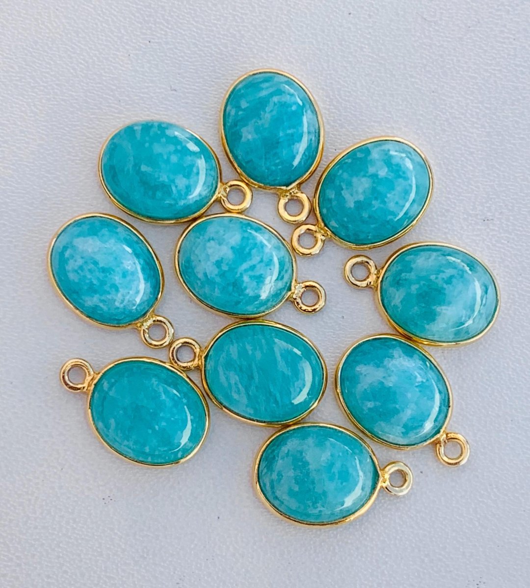 10x8 mm Amazonite Silver & Gold Bezel Connectors ~ Oval Birthstone Charms ~ Link Components for Earrings, Bracelets, Jewelry Making - BeadsBoatInc