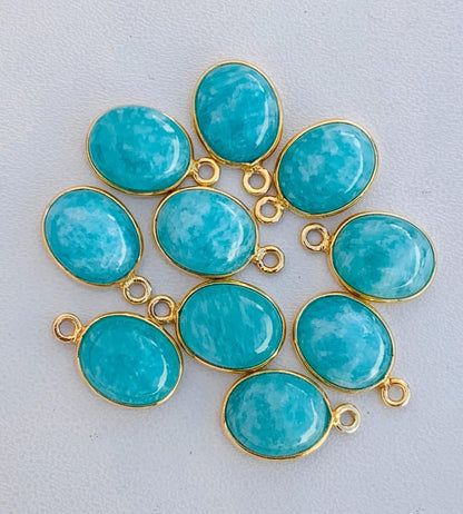 10x8 mm Amazonite Silver & Gold Bezel Connectors ~ Oval Birthstone Charms ~ Link Components for Earrings, Bracelets, Jewelry Making - BeadsBoatInc