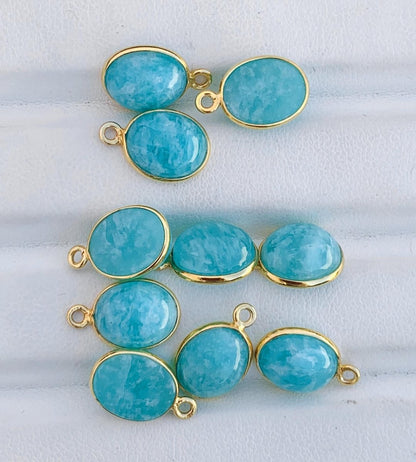 10x8 mm Amazonite Silver & Gold Bezel Connectors ~ Oval Birthstone Charms ~ Link Components for Earrings, Bracelets, Jewelry Making - BeadsBoatInc
