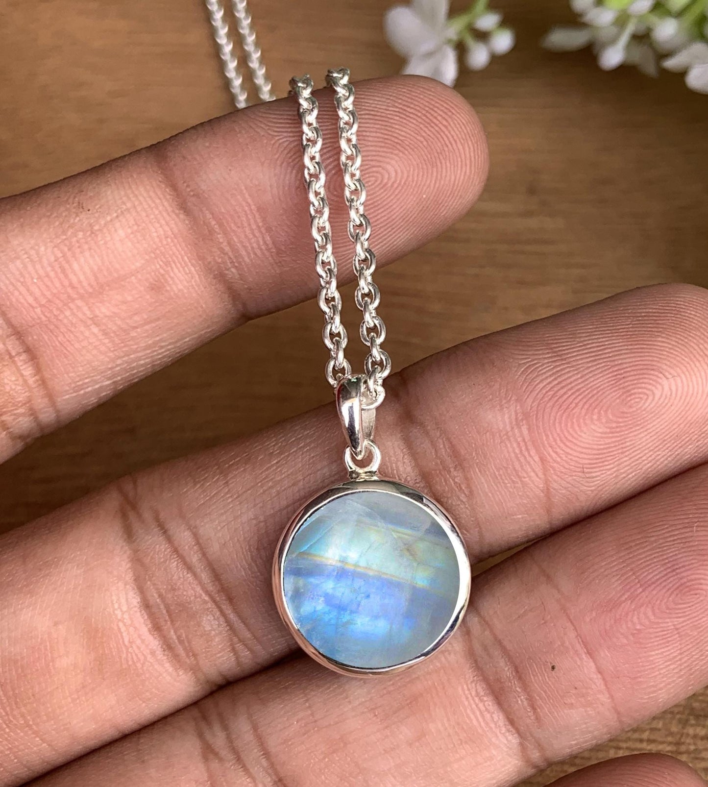 Rainbow Moonstone Full Moon Necklace – Dainty Solitaire Pendant in Silver or 18K Gold