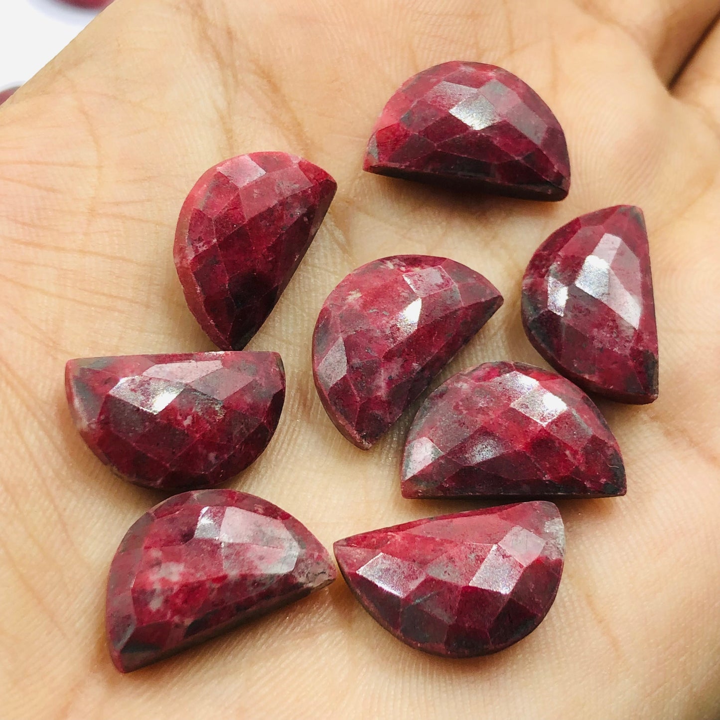 2 Pieces Natural Thulite Faceted Semi Circle Shape Gemstone, Size 10x16mm, Hand Carved Briolette Loose gemstone, D shape gemstone .