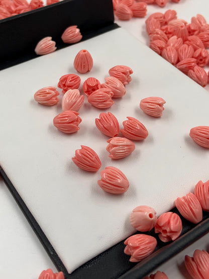 Pink Coral Flower Beads – 10pcs Carved Jasmine Buds 8x10mm