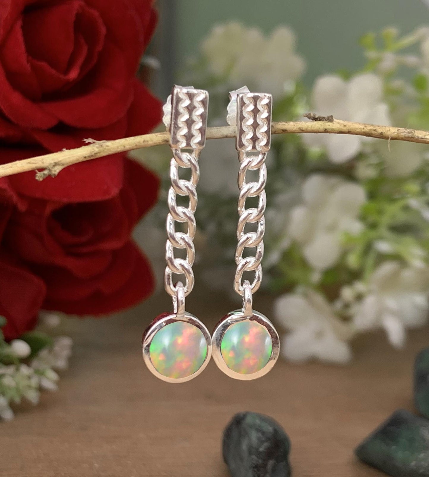 Ethiopian Opal Minimalist Dangle Earrings - Gold Plated 925 Sterling Silver Jewelry