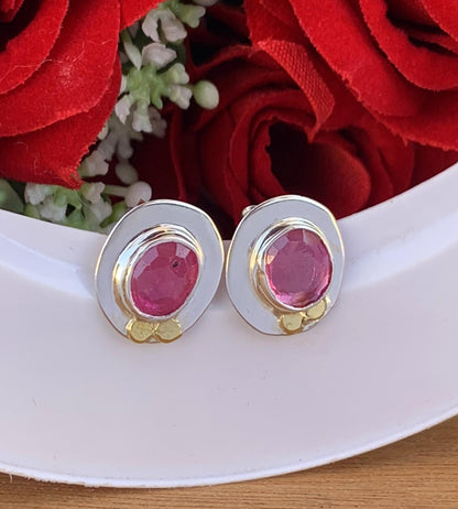 Ruby Studs Earrings ~ Minimalist Silver Stud Earrings ~ Rustic artisan jewelry ~ Pink Ruby Birthstone Earrings ~ Gift For Her ~ E-0047