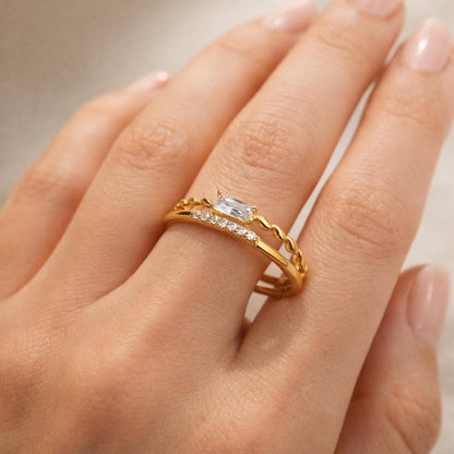 Moissanite CZ Statement Band Ring in 925 Silver Gold Plated