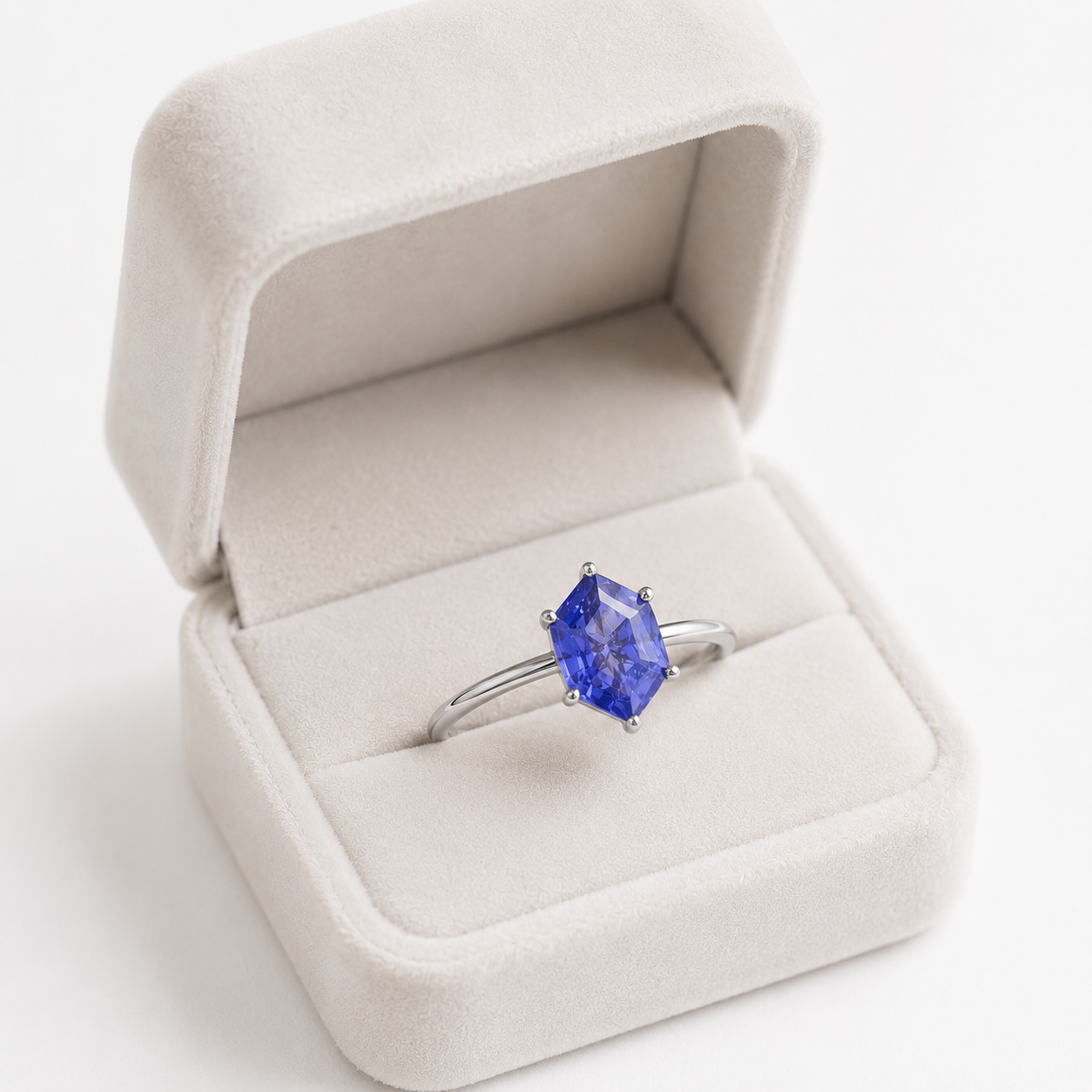 Lab Grown Tanzanite Engagement Ring in 14K Gold, Elongated Hexagon Solitaire