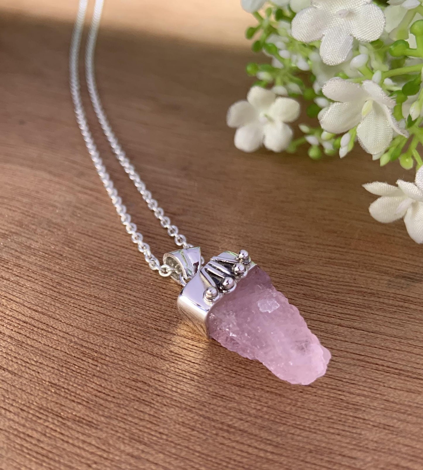 Rough Pink Morganite Necklace – Handmade Dainty Silver Jewelry