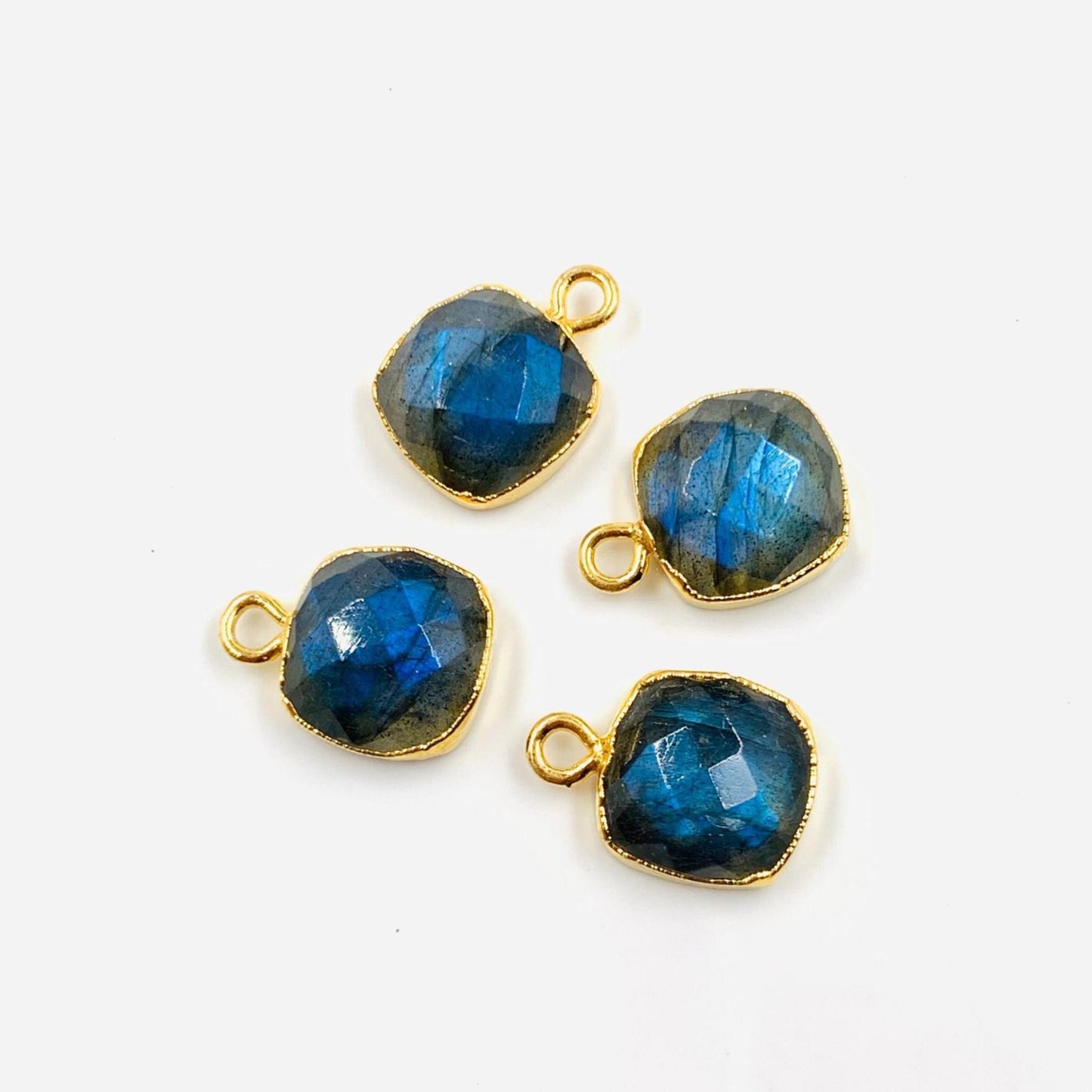 4 Pieces Natural Blue Flashy Labradorite Faceted Square Shape Gemstone Gold Bezel Connector Jewelry Making Size 10mm Connectors for pendent
