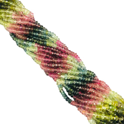 Multi-color natural tourmaline gemstone beads strands, faceted, close-up view