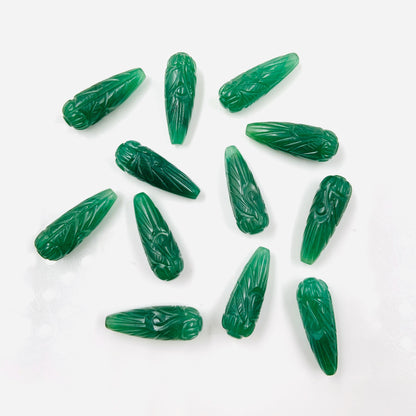 Hand Carved Green Jade Briolette Beads: Drop Shape Gemstone Pair (9x26mm