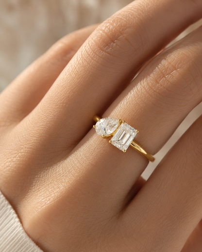 Toi Et Moi Engagement Ring - Pear & Emerald Cut Moissanite - Two Stone Solid Gold Wedding Ring