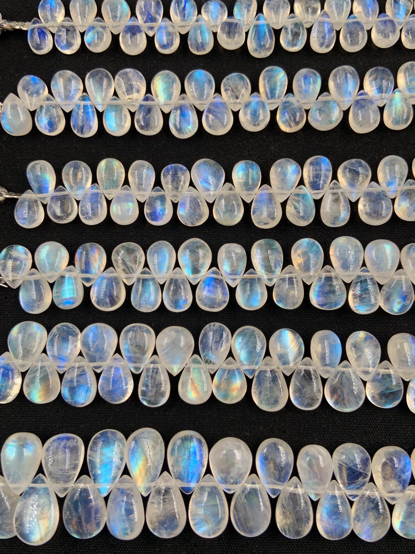 Natural White rainbow Moonstone Smooth Pear Shape Gemstone Briolette Side drill beads Blue flashy Moonstone beads Earring Making for jewelry