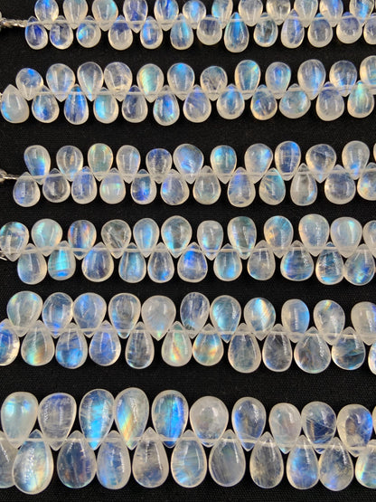 Natural White rainbow Moonstone Smooth Pear Shape Gemstone Briolette Side drill beads Blue flashy Moonstone beads Earring Making for jewelry