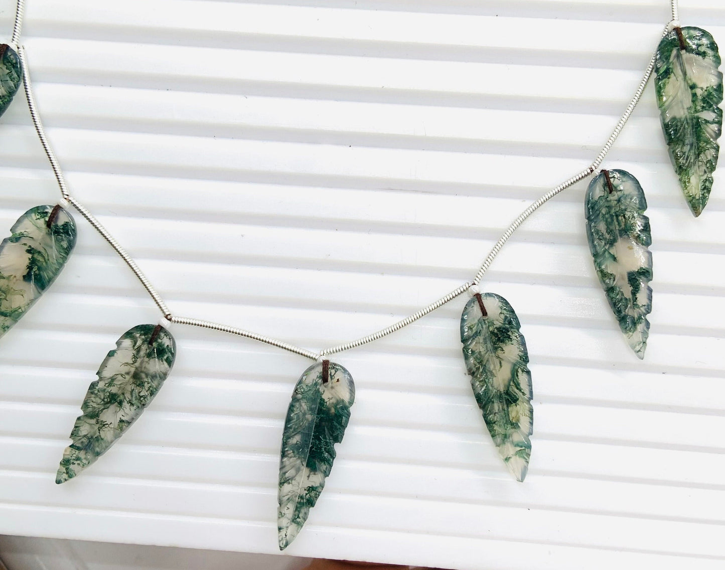10 Pieces Natural Moss Agate Leaf Shape Carved Briolette Beads