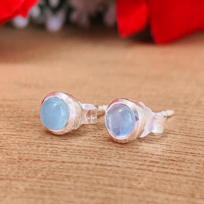 Tiny Aquamarine Studs ~ 925 Sterling Silver Small Studs Earrings ~ Dainty Simple Studs ~ Round Blue Stone ~ Minimalist ~ E-0008