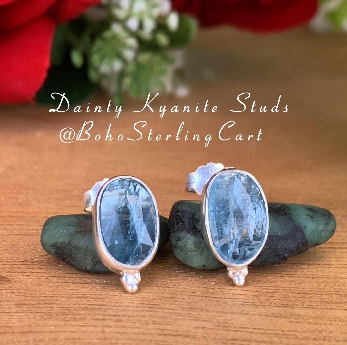 Kyanite Studs Earrings ~ Dainty Silver and Vermeil Gold Studs ~ Rosecut Birthstone Jewelry ~ Gift For Her ~ E-Anniversary Gift ~ E-0046