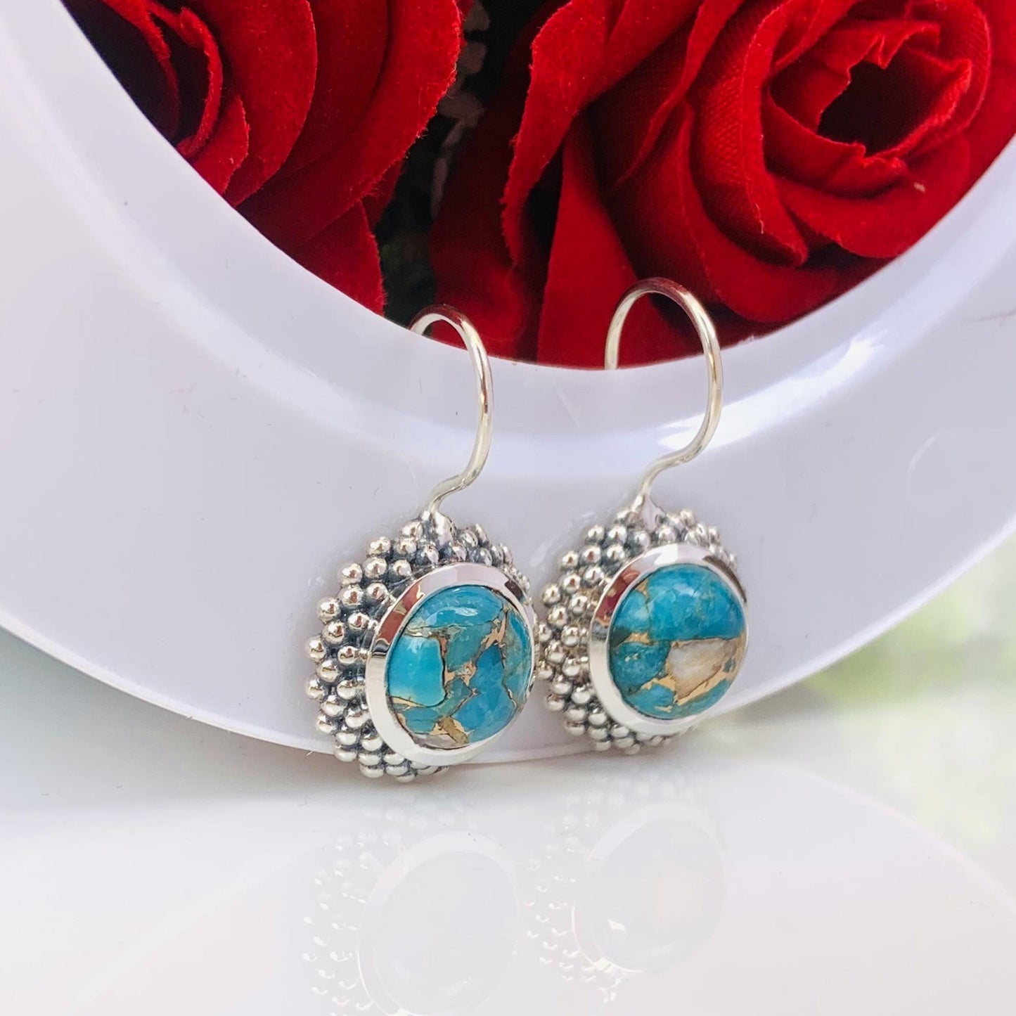 Blue copper Turquoise Sterling Silver earrings ~ Boho Silver Jewelry ~ Round blue turquoise ~ Gift For Her ~ E-0014