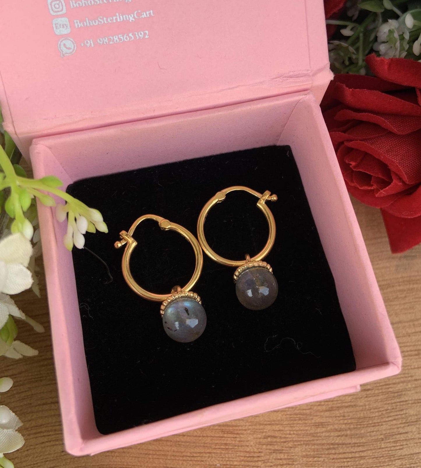 Labradorite Hoop Huggies Earrings ~ Silver & Vermeil Gold Earrings ~ Gift For Mom ~ Dangling Pearl Earrings ~ Bridesmaids Earrings ~