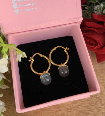 Labradorite Hoop Huggies Earrings ~ Silver & Vermeil Gold Earrings ~ Gift For Mom ~ Dangling Pearl Earrings ~ Bridesmaids Earrings ~