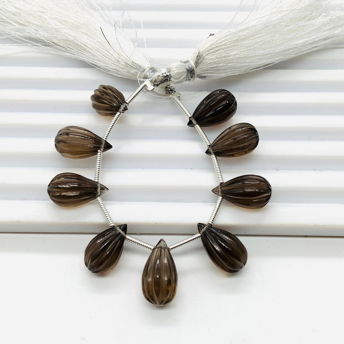10 Pieces Natural Smoky Quartz Carved Drops Briolette Beads Size 14x8mm Natural Smoky Quartz Faceted Gemstone Tear drops for Jewelry making