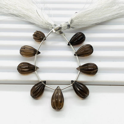 10 Pieces Natural Smoky Quartz Carved Drops Briolette Beads Size 14x8mm Natural Smoky Quartz Faceted Gemstone Tear drops for Jewelry making