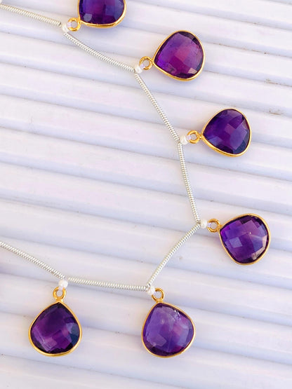 Natural Amethyst Heart Shape Bezel Connector 925 Silver Gold Plated 10 Pcs
