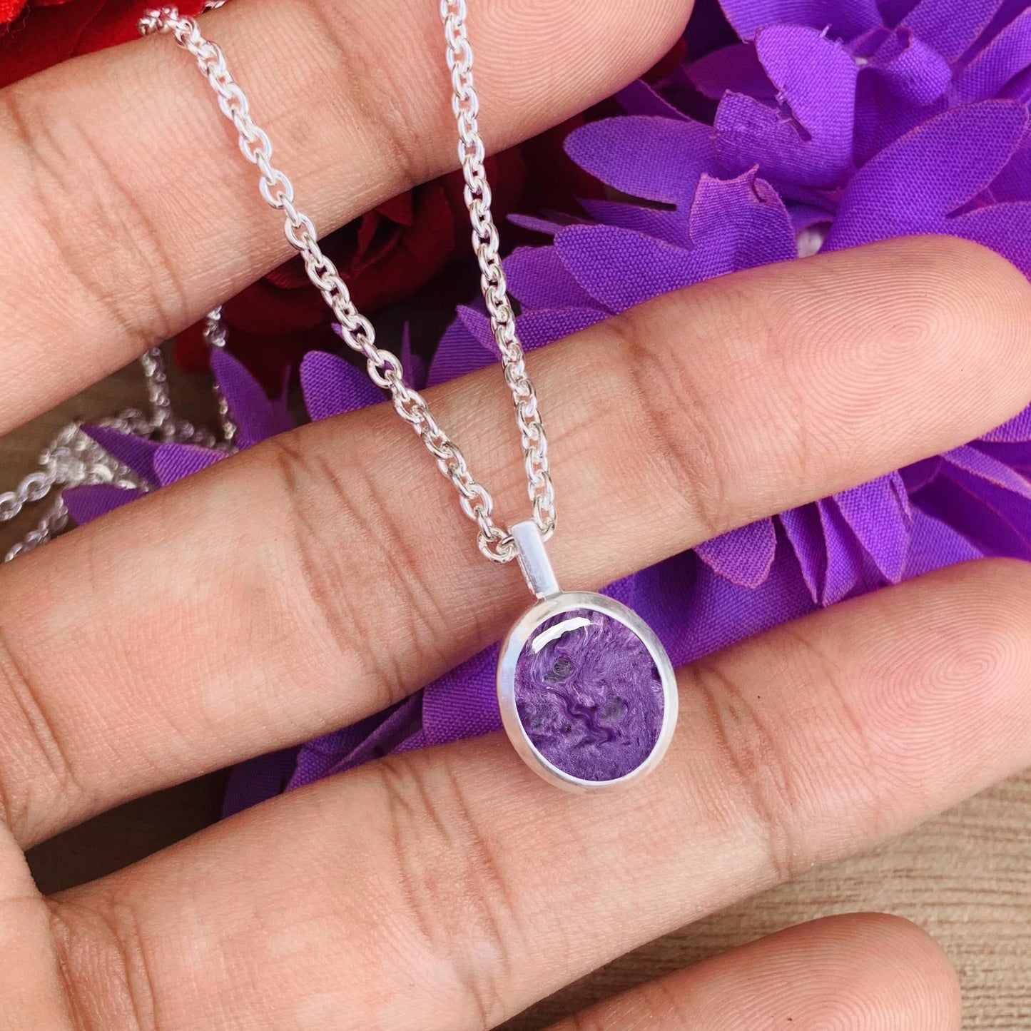 Charoite Pendant Necklace – Purple Gemstone Sterling Silver Round Pendant