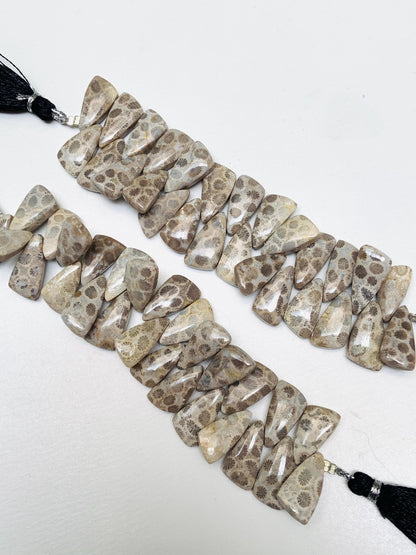 Fossil Coral Briolette Beads – Sail Crown Cut, Side Drilled 4 Inch Strand 8x16-9x18mm