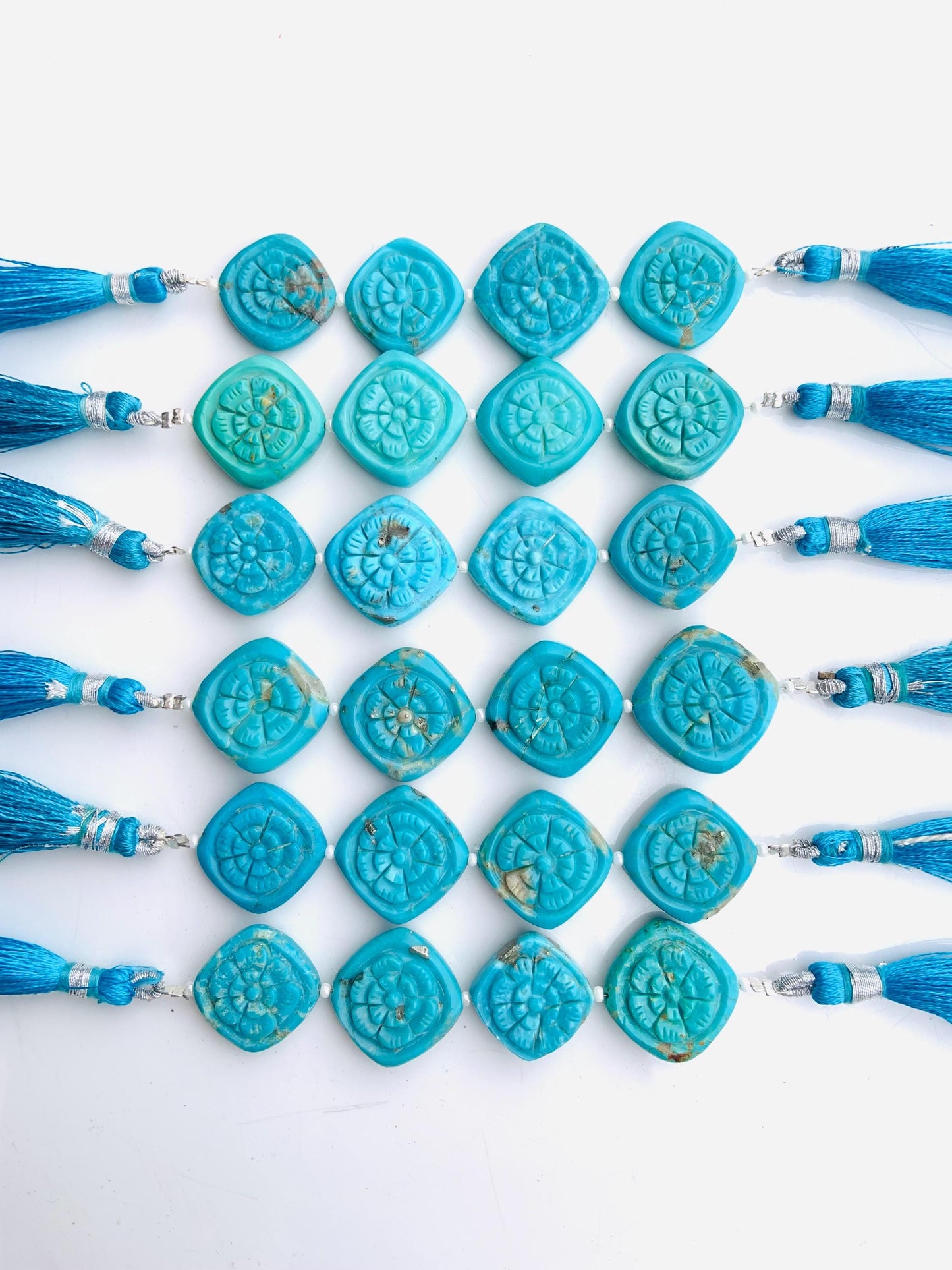4 Pcs Natural Arizona Turquoise Carved Cushion Flower Briolette Beads 17x17mm