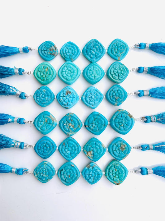 4 Pcs Natural Arizona Turquoise Carved Cushion Flower Briolette Beads 17x17mm