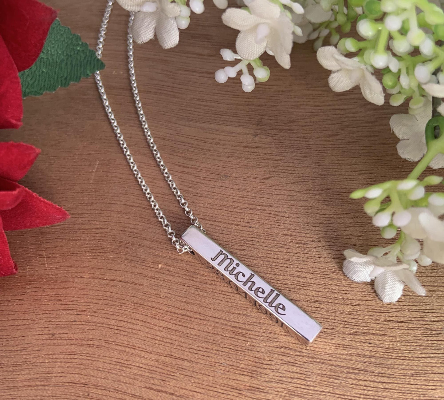 925 Silver Engraved Name Bar Necklace – Silver, Gold & Rose Gold