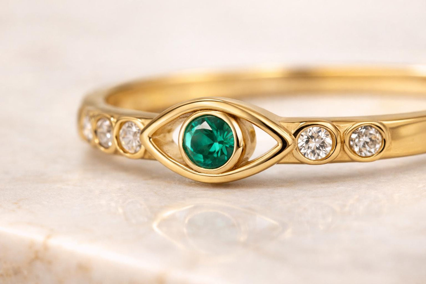 925 Sterling Silver Green CZ Eye Design Ring  Gold Plated