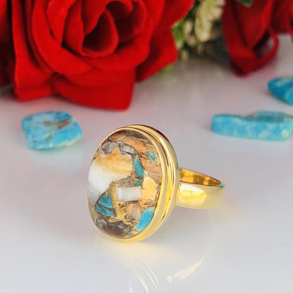 Oyster Turquoise Ring ~ 18k Gold Statement Ring ~ Oval Shape Stone ~ vermeil Gold Ring ~ Ring For Her ~ Chunky Ring ~ R-0084
