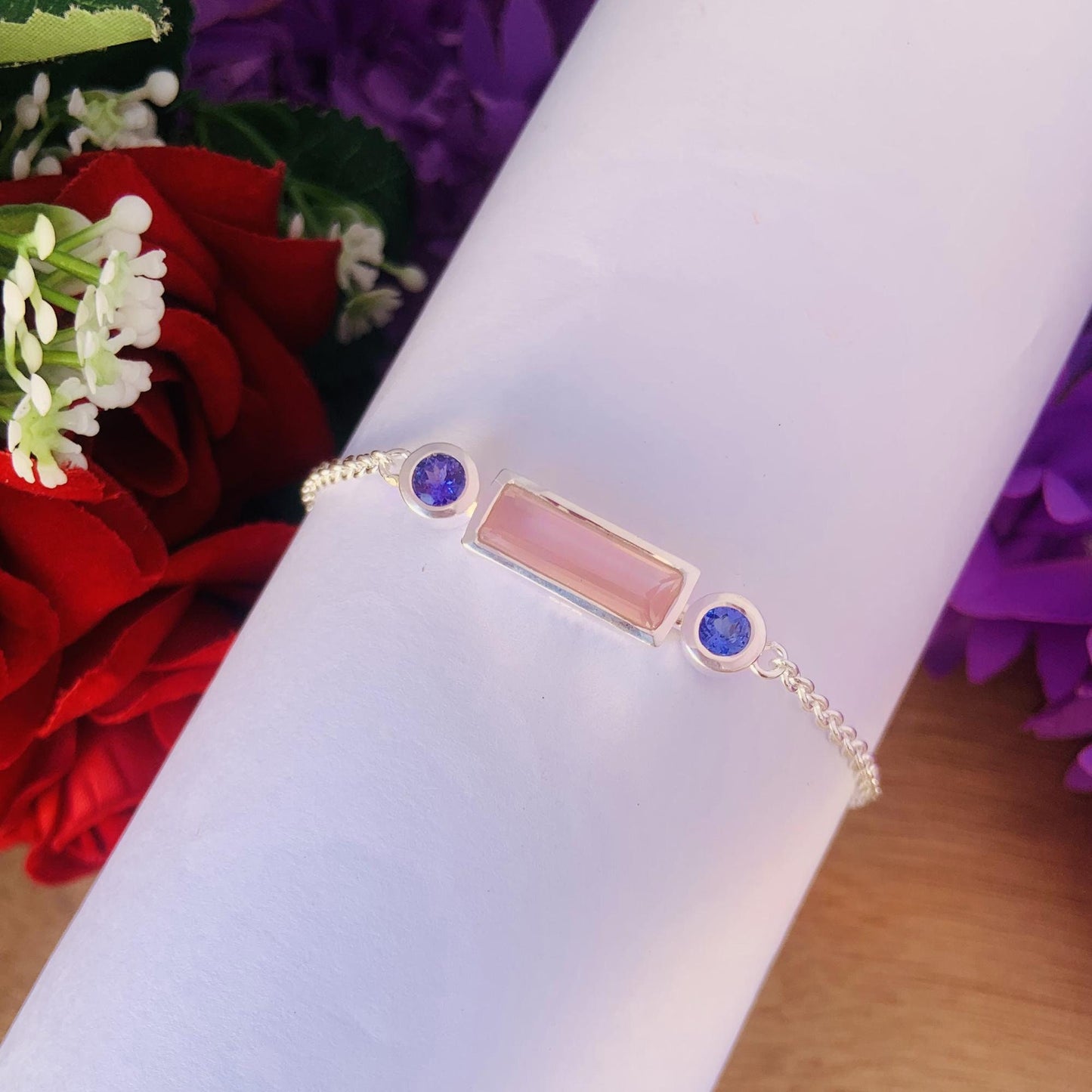 925 Sterling Silver Rose Quartz & Tanzanite Chain Bracelet - Gift for Her