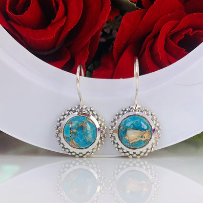 Blue copper Turquoise Sterling Silver earrings ~ Boho Silver Jewelry ~ Round blue turquoise ~ Gift For Her ~ E-0014