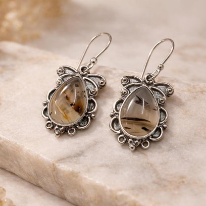 Natural Dendritic Agate Teardrop Silver Earrings | Natural Scenic Agate | Teardrop Scenic Agate | 925 Sterling Silver Handmade Drop Earrings