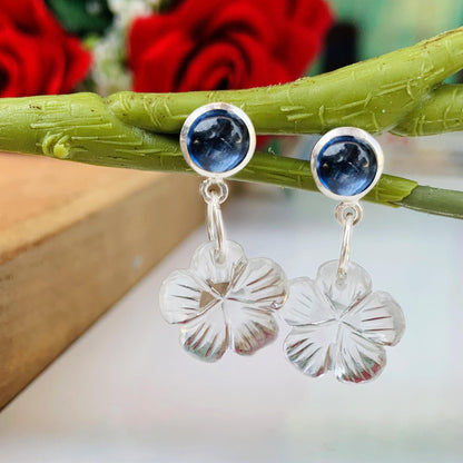 Kyanite & Carved Quartz Floral Dangle Earrings – Sterling Silver Elegance with a Touch of Nature-Inspired Beauty