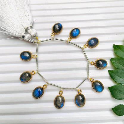 Natural Labradorite Smooth Oval Gemstone Bezel Connector - Gold Plated 10 Pcs