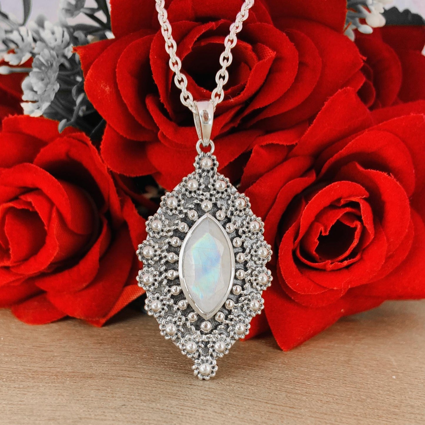 Rainbow moonstone Boho Silver Jewelry ~ Handmade Designer Jewelry ~ Ornate Style Silver Pendant ~ Gift For Her ~ P-0021