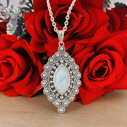 Rainbow moonstone Boho Silver Jewelry ~ Handmade Designer Jewelry ~ Ornate Style Silver Pendant ~ Gift For Her ~ P-0021
