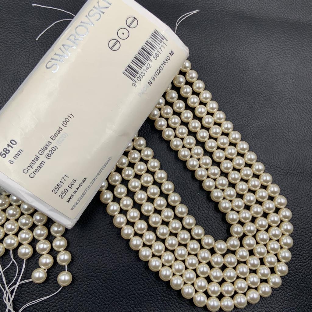 Crystal Cream (001 620) Genuine Swarovski 5810 Pearls Round Glass Beads jewelry making, Cream Color Pearl Center Drill hole | Size 6mm, 8mm