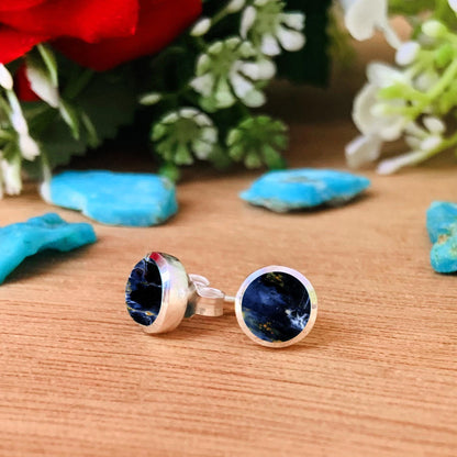 Pietersite Stud Earrings ~ Round Blue Gemstone Earrings ~ Sterling Silver Minimalist Studs ~ Dainty Natural Stone Jewelry ~ Gift for Her