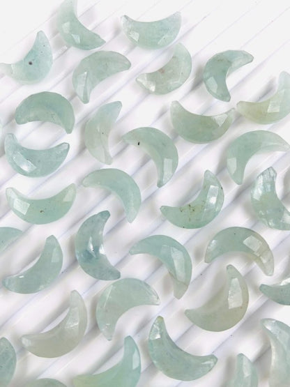 2 Pcs Natural Aquamarine Crescent Moon Gemstone | Carved Moon Shape Stone - BeadsBoatInc