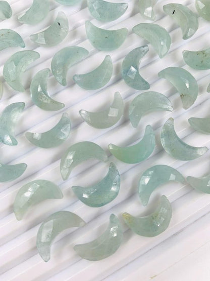 2 Pcs Natural Aquamarine Crescent Moon Gemstone | Carved Moon Shape Stone - BeadsBoatInc