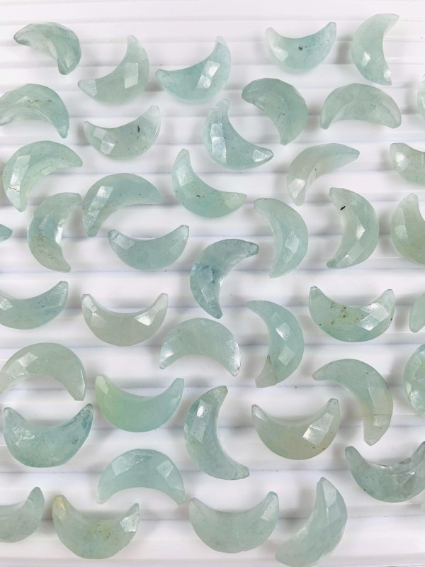 2 Pcs Natural Aquamarine Crescent Moon Gemstone | Carved Moon Shape Stone - BeadsBoatInc