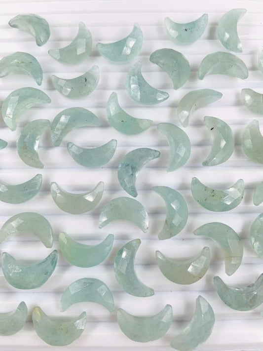 2 Pcs Natural Aquamarine Crescent Moon Gemstone | Carved Moon Shape Stone - BeadsBoatInc